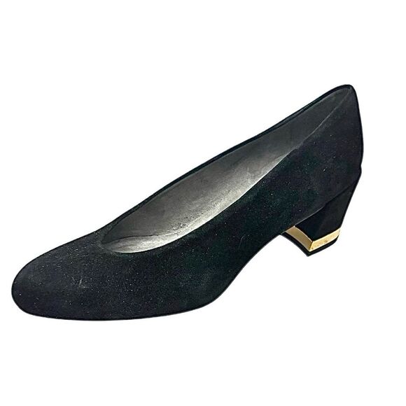 Stuart Weitzman Black Suede Pumps Block Heel Gold Accent Comfort Size 6.5 Medium - Picture 2 of 9